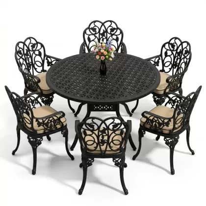 6 kişilik alüminyum döküm masa sandalye takımı ferforje masa takımı Renk Siyah