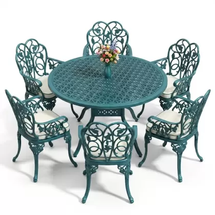 6 kişilik alüminyum döküm masa sandalye takımı ferforje masa takımı Renk Turkuaz