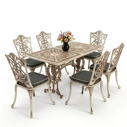 6 kişilik alüminyum döküm masa sandalye takımı ferforje masa takımı Renk Beyaz Eskitme