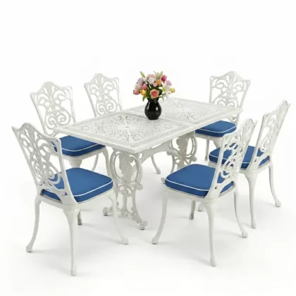 6 kişilik alüminyum döküm masa sandalye takımı ferforje masa takımı Renk Beyaz