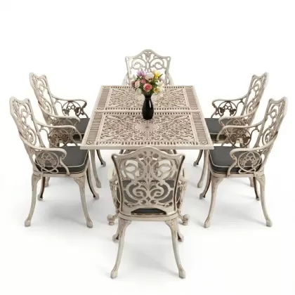 6 kişilik alüminyum döküm masa sandalye takımı ferforje masa takımı Renk Beyaz Eskitme