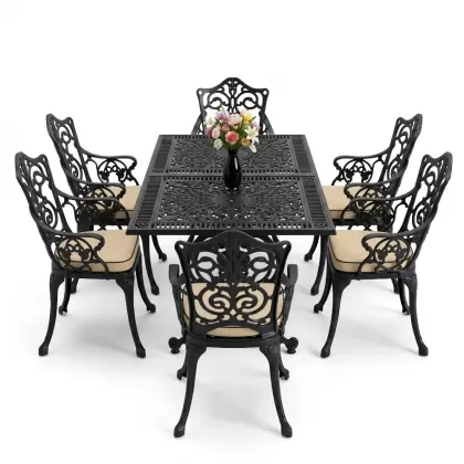 6 kişilik alüminyum döküm masa sandalye takımı ferforje masa takımı Renk Siyah