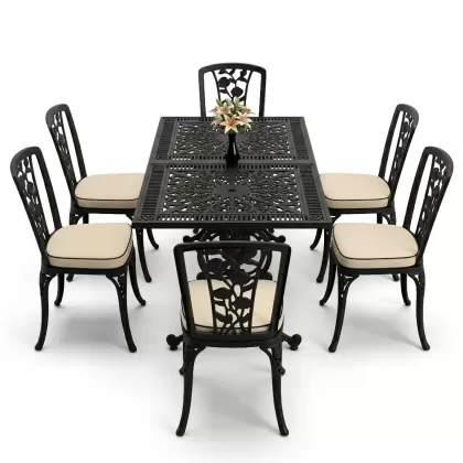 6 kişilik alüminyum döküm masa sandalye takımı ferforje masa takımı Renk Siyah