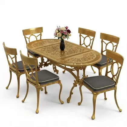 6 kişilik alüminyum döküm masa sandalye takımı ferforje masa takımı Renk Gold Altın