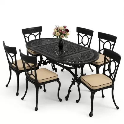 6 kişilik alüminyum döküm masa sandalye takımı ferforje masa takımı Renk Siyah