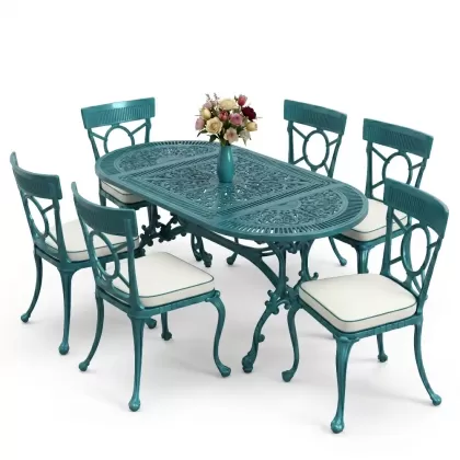 6 kişilik alüminyum döküm masa sandalye takımı ferforje masa takımı Renk Turkuaz