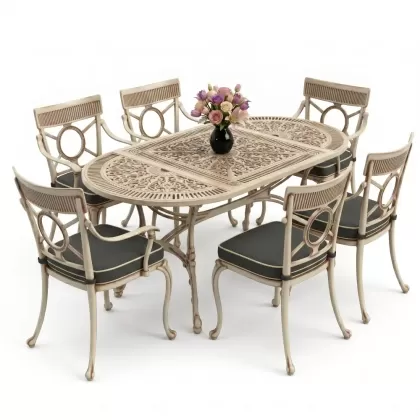 6 kişilik alüminyum döküm masa sandalye takımı ferforje masa takımı Renk Beyaz Eskitme