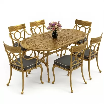 6 kişilik alüminyum döküm masa sandalye takımı ferforje masa takımı Renk Gold Altın