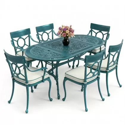 6 kişilik alüminyum döküm masa sandalye takımı ferforje masa takımı Renk Turkuaz