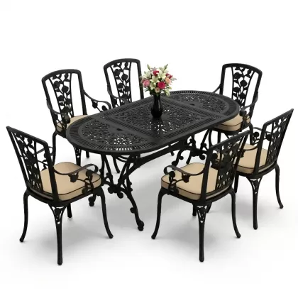 6 kişilik alüminyum döküm masa sandalye takımı ferforje masa takımı Renk Siyah