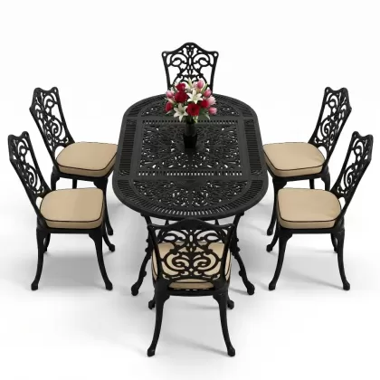 6 kişilik alüminyum döküm masa sandalye takımı ferforje masa takımı Renk Siyah