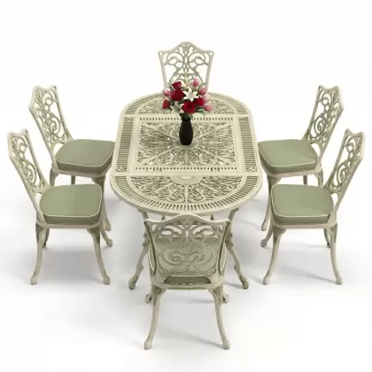 6 kişilik alüminyum döküm masa sandalye takımı ferforje masa takımı Renk Yeşil Patina