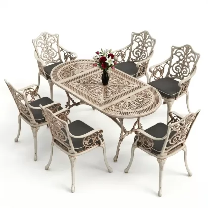 6 kişilik alüminyum döküm masa sandalye takımı ferforje masa takımı Renk Beyaz Eskitme
