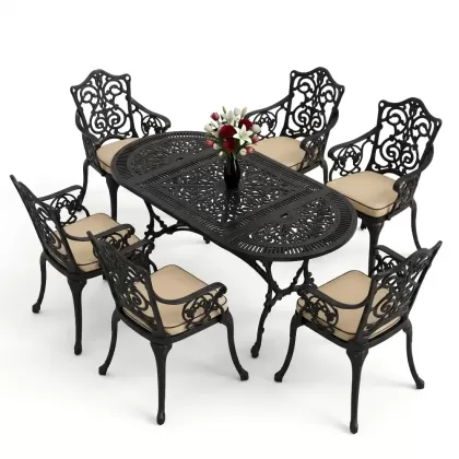6 kişilik alüminyum döküm masa sandalye takımı ferforje masa takımı Renk Siyah
