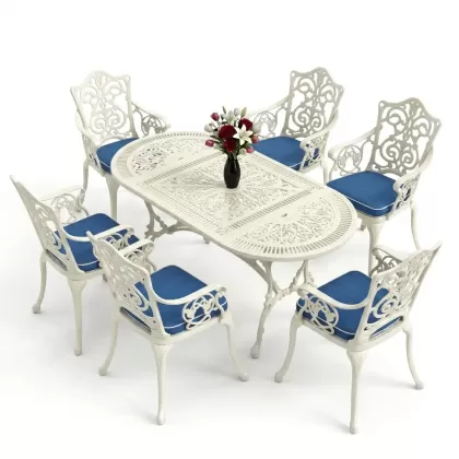 6 kişilik alüminyum döküm masa sandalye takımı ferforje masa takımı Renk Beyaz