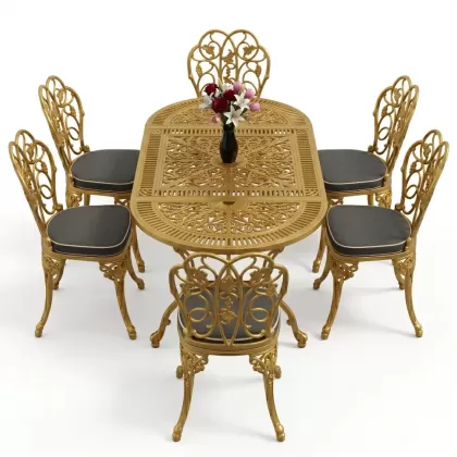 6 kişilik alüminyum döküm masa sandalye takımı ferforje masa takımı Renk Gold Altın