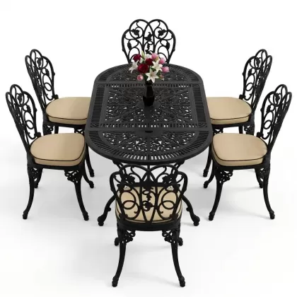 6 kişilik alüminyum döküm masa sandalye takımı ferforje masa takımı Renk Siyah
