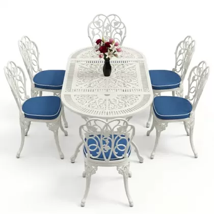 6 kişilik alüminyum döküm masa sandalye takımı ferforje masa takımı Renk Beyaz