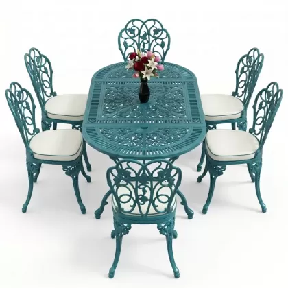 6 kişilik alüminyum döküm masa sandalye takımı ferforje masa takımı Renk Turkuaz