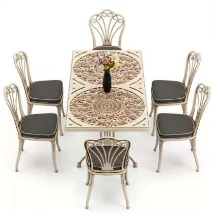 6 kişilik alüminyum döküm masa sandalye takımı ferforje masa takımı Renk Beyaz Eskitme