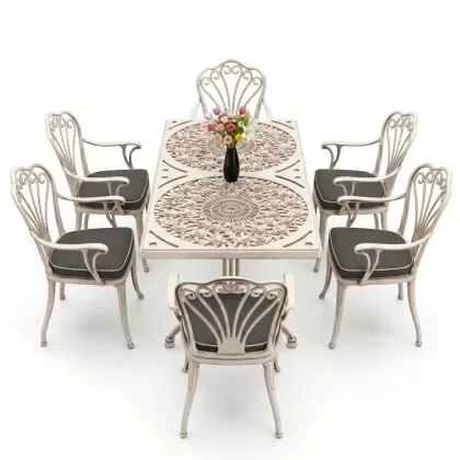6 kişilik alüminyum döküm masa sandalye takımı ferforje masa takımı Renk Beyaz Eskitme