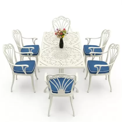 6 kişilik alüminyum döküm masa sandalye takımı ferforje masa takımı Renk Beyaz