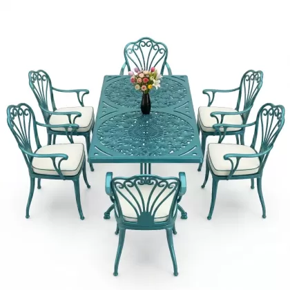6 kişilik alüminyum döküm masa sandalye takımı ferforje masa takımı Renk Turkuaz