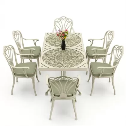 6 kişilik alüminyum döküm masa sandalye takımı ferforje masa takımı Renk Yeşil Patina