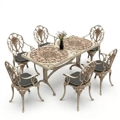 6 kişilik alüminyum döküm masa sandalye takımı ferforje masa takımı Renk Beyaz Eskitme