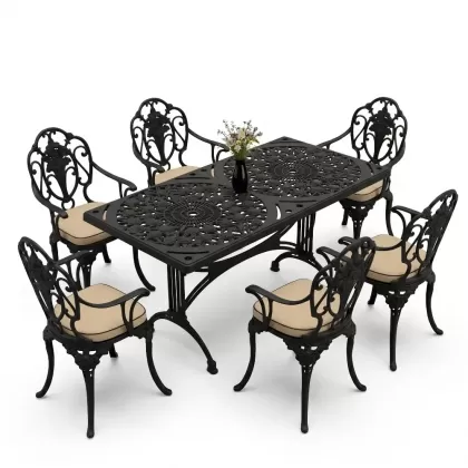 6 kişilik alüminyum döküm masa sandalye takımı ferforje masa takımı Renk Siyah