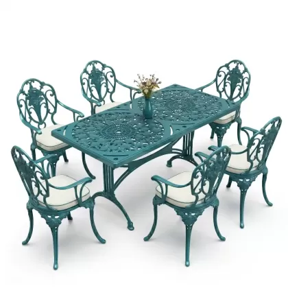6 kişilik alüminyum döküm masa sandalye takımı ferforje masa takımı Renk Turkuaz