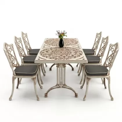 6 kişilik alüminyum döküm masa sandalye takımı ferforje masa takımı Renk Beyaz Eskitme