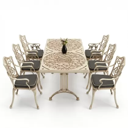 6 kişilik alüminyum döküm masa sandalye takımı ferforje masa takımı Renk Beyaz Eskitme