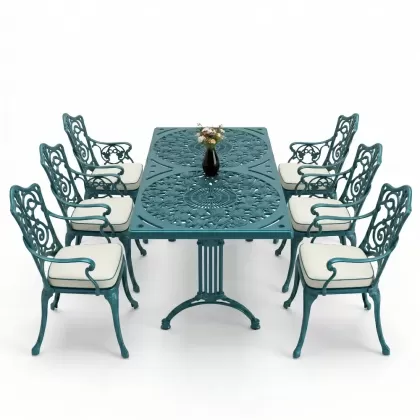 6 kişilik alüminyum döküm masa sandalye takımı ferforje masa takımı Renk Turkuaz