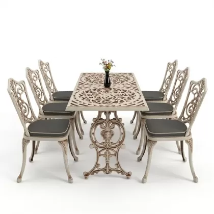 6 kişilik alüminyum döküm masa sandalye takımı ferforje masa takımı Renk Beyaz Eskitme