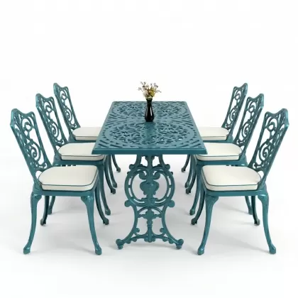 6 kişilik alüminyum döküm masa sandalye takımı ferforje masa takımı Renk Turkuaz