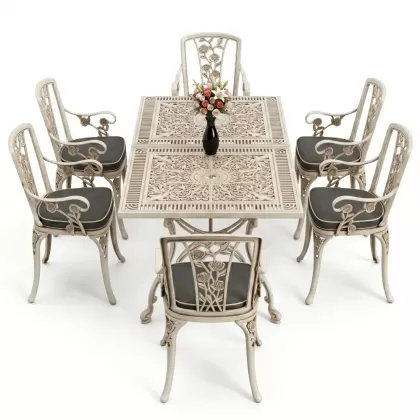 6 kişilik alüminyum döküm masa sandalye takımı ferforje masa takımı Renk Beyaz Eskitme