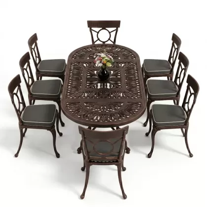 8 Kişilik alüminyum döküm masa sandalye takımı Ferforje metal mobilya Renk Bakır Eskitme