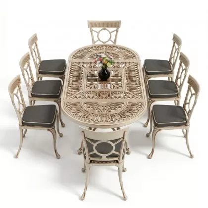 8 Kişilik alüminyum döküm masa sandalye takımı Ferforje metal mobilya Renk Beyaz Eskitme