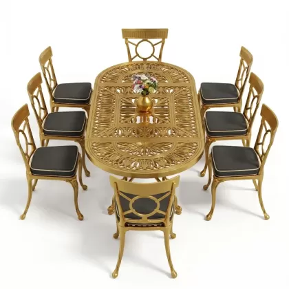 8 Kişilik alüminyum döküm masa sandalye takımı Ferforje metal mobilya Renk Gold Altın