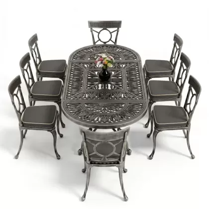 8 Kişilik alüminyum döküm masa sandalye takımı Ferforje metal mobilya Renk Silver Gümüş