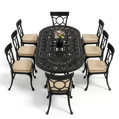 8 Kişilik alüminyum döküm masa sandalye takımı Ferforje metal mobilya Renk Siyah