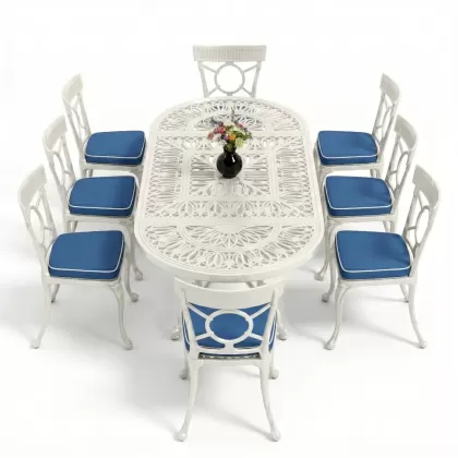 8 Kişilik alüminyum döküm masa sandalye takımı Ferforje metal mobilya Renk Beyaz