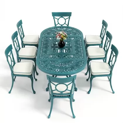 8 Kişilik alüminyum döküm masa sandalye takımı Ferforje metal mobilya Renk Turkuaz
