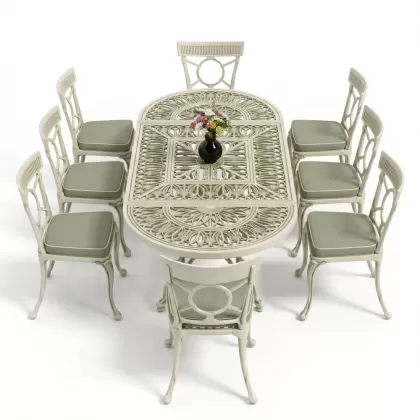 8 Kişilik alüminyum döküm masa sandalye takımı Ferforje metal mobilya Yeşil Beyaz Patina