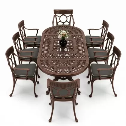 8 Kişilik alüminyum döküm masa sandalye takımı Ferforje metal mobilya Renk Bakır Eskitme