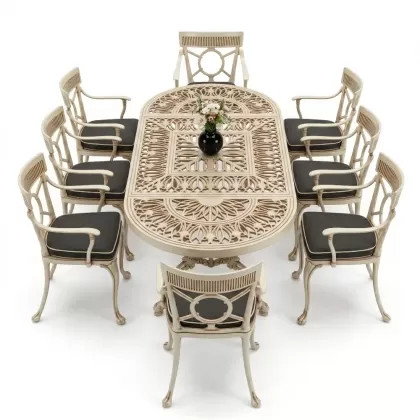 8 Kişilik alüminyum döküm masa sandalye takımı Ferforje metal mobilya Renk Beyaz Eskitme