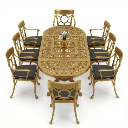 8 Kişilik alüminyum döküm masa sandalye takımı Ferforje metal mobilya Renk Gold Altın