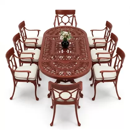 8 Kişilik alüminyum döküm masa sandalye takımı Ferforje metal mobilya Renk Kırmızı Kiremit