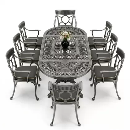 8 Kişilik alüminyum döküm masa sandalye takımı Ferforje metal mobilya Renk Silver Gümüş